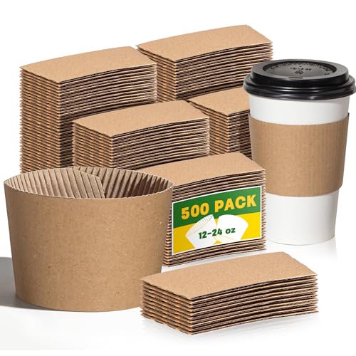 Boxential 500 Pack Coffee Cup Sleeves for Hot & Cold Drinks | Extra Thick Disposable Kraft Corrugated Insulated Sleeve for 12-24 oz Cups | Recyclable Cardboard Hand Protection for Cafes Offices
