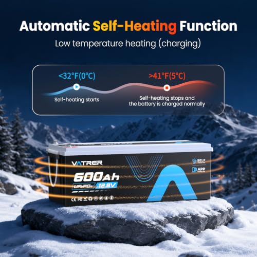 Image of 12V 600AH Self-Heating APP LiFePO4 Lithium Battery, Built-in 300A BMS, Low /High Temperature Cutoff Protection, Max 3840W Load Power, Perfect for RV /Camper and Off-Grid Applications, etc.