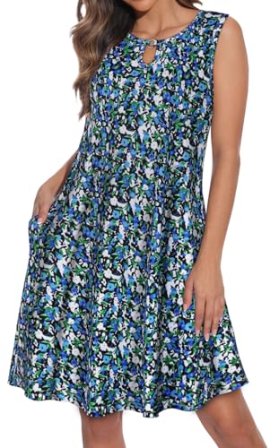 Image of Summer Dresses for Women Casual Sleeveless Sundress Floral Loose Fit Beach Cover Up with Pocket(Blue Green Floral, XL1