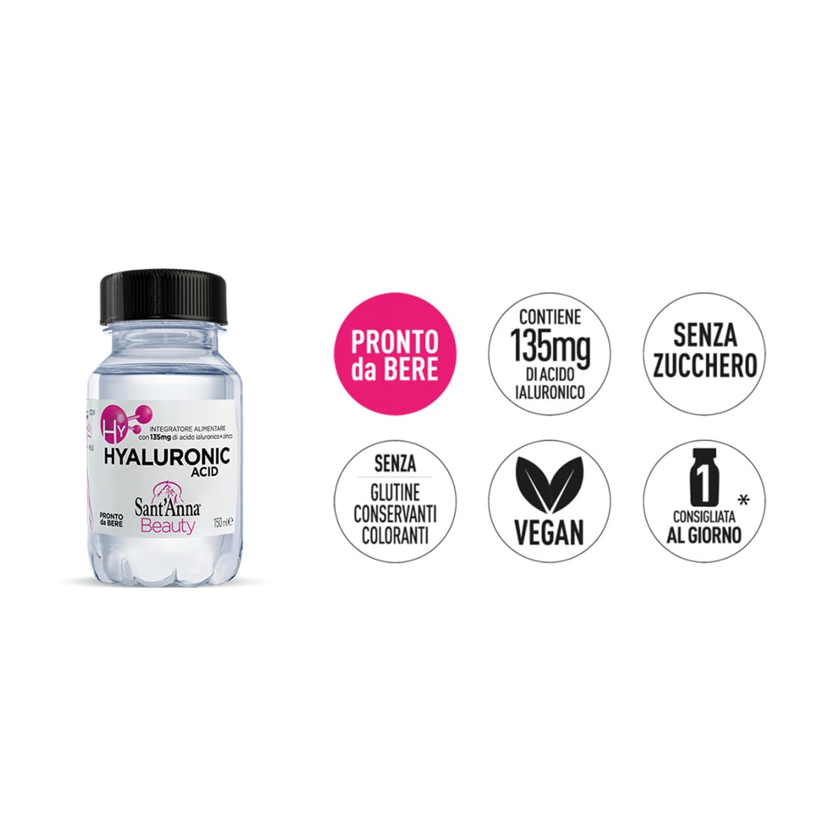 Sant'Anna Beauty Hyaluronic Acid | Integratore Alimentare con Acido Ialuronico e Zinco | Senza Zucchero, Glutine | Vegano | confezione 12 Bottigliette 150ml