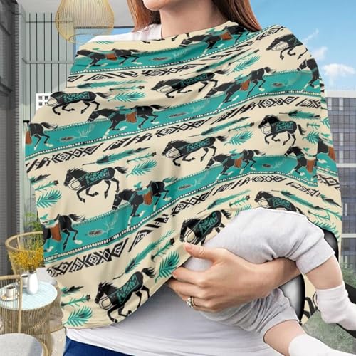 Image of Youngerbaby Western Aztec Horse Nursing Cover for Newborns Breastfeeding Cover Scarf Baby Car Seat Covers Infant Stroller Cover Carseat Canopy for Girls and Boys Full Coverage