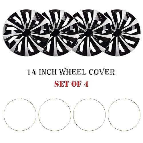 Image of Blade Bright Black with Silver Hubcap Wheel Cover Replacement Kit 14 inch Hub Caps Wheel Rim Cover Car Exterior Accessories Pack of 4, 14 Inches