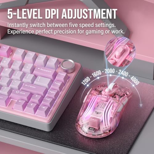 Image of RGB Magnetic Charging Dock Gaming Mouse, 12K DPI, PAW3311 Sensor, Tri-Mode Wireless, 6 Programmable Buttons, Ultra-Light 72g for PC /Mac (Pink- Transparent)