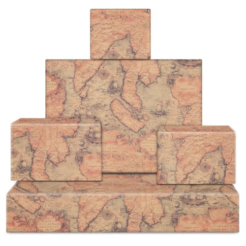 Vintage Retro Map Wrapping Paper, Antique Mysterious Ocean Sea Far East World Old Map Sailing Boat Nautical Kraft Wrap 6 Sheets Folded Flat 20x29 inches per Sheet for Traveller Libraries Birthday