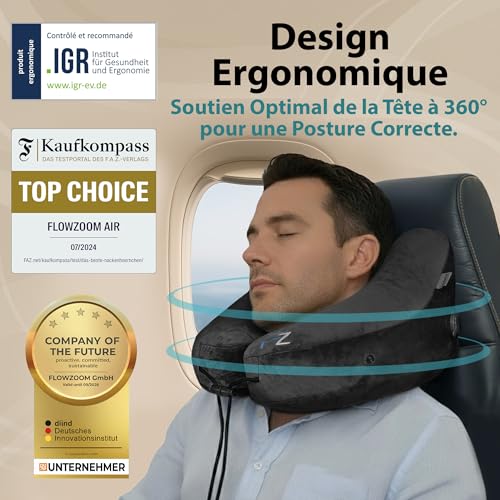 Coussin De Voyage Avion : FLOWZOOM AIR Coussin de Voyage Gonflable à Capuche pour Avion Noir Ta... – Image 2