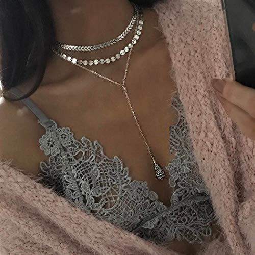 Preisvergleich Produktbild Jovono Boho Fishbone Multi Layered Chokerhalsketten Pailletten Ketten Palm Anhänger Halskette Schmuck für Frauen und Mädchen (silber)