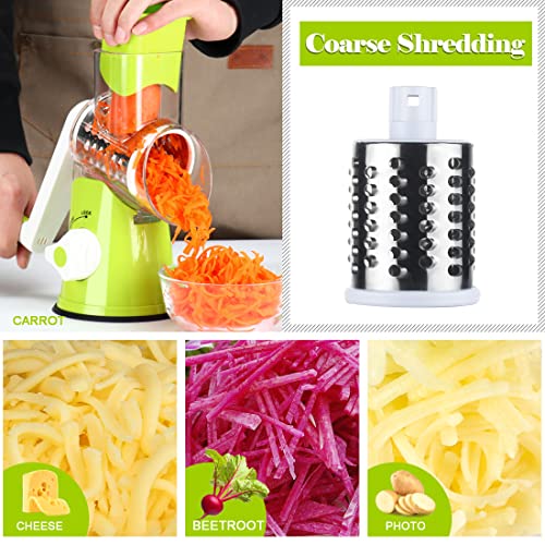 Ourokhome Rotary Cheese Grater Hand Crank, Kitchen Shredder Speed Mandolin Slicer Nut Grinder with Handle and Drum Blades for Cheese, Vegetable, Walnut, Chocolate, Potato, Carrot, 3 Blades, Green - Thumbnail 3