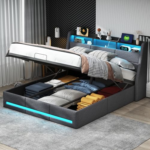 BPKADHY Polsterbett 160x200 cm, LED Doppelbett mit Stauraum und Lattenrost, Kopfteil mit Staufach & USB-Ladefunktion,Hydraulisch Stauraumbett Funktionsbett Jugendbett Bettgestell,Leinen,Grau