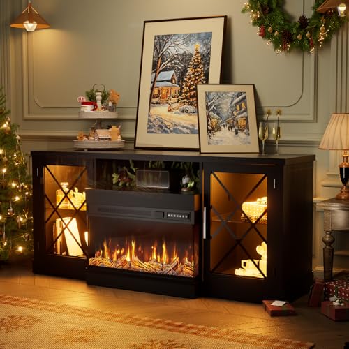 BREEZEHEAT 59" Fireplace TV Stand, 3 Sided Glass Fireplace Entertainment Center for TVs up to 70'' w/Storage Cabinet, Glass Door, Adjustable Flame LED
