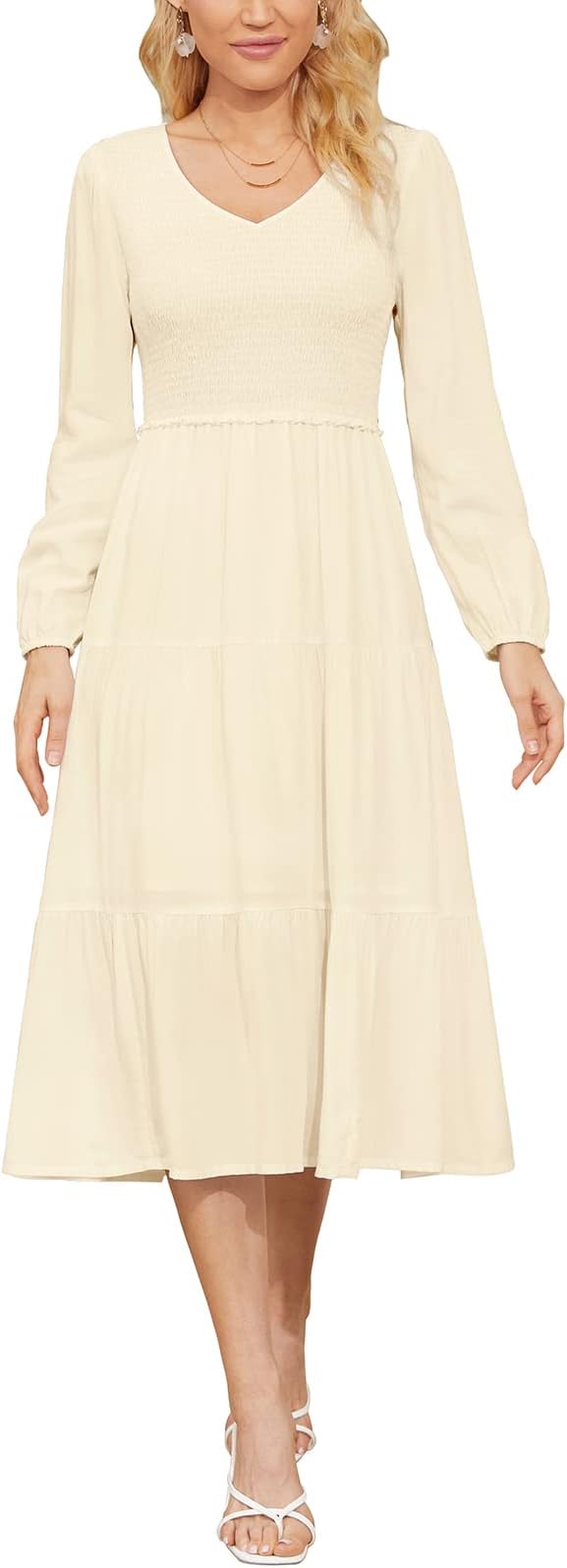 Annebouti Women V Neck Long Sleeve Casual Solid Ruffle Tiered Smocked Midi Dress