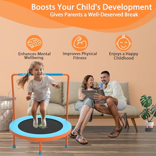 3FT Foldable Kids Trampoline, 36'' Indoor & Outdoor Mini Trampoline for Toddlers, Max Capacity 220 LBS, Adjustable Handlebar, Quiet & Safe Design