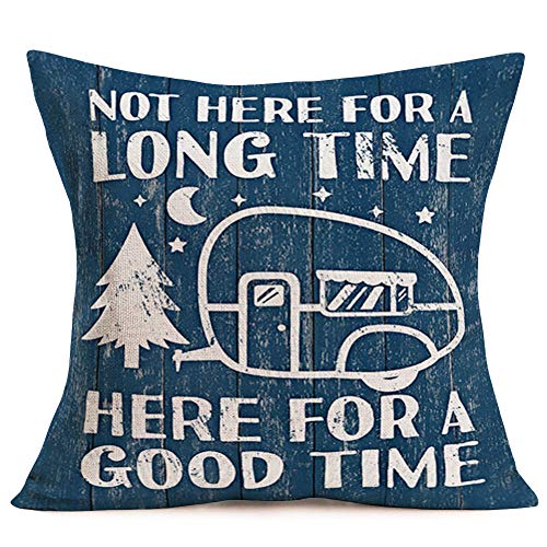 Asamour Camping Pillow Covers Cotton Linen Happy Camper Quote Saying Rv Travel Car Mountain Forest Tree Throw Pillow Case Decorative Cushion Cover 18’’X18’’ Set Of 4,Rustic Colored Wood Background #TOP4