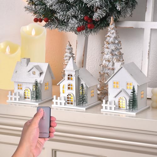 Christmas Village Set of 3 White Xmas Houses with Remote-Control LED Candles, Indoor Christmas Table...