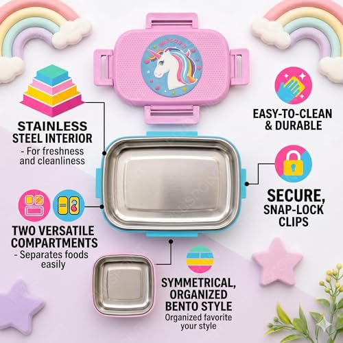 Image of PLUSPOINT Unicorn Big Steel Lunch Box | Stainless Steel Lunch Box with Inner Separate Veg Box | Leak Proof and Break Resistant | Tiffin for Kids, Adults with Snap Lock | Ideal for Office, School