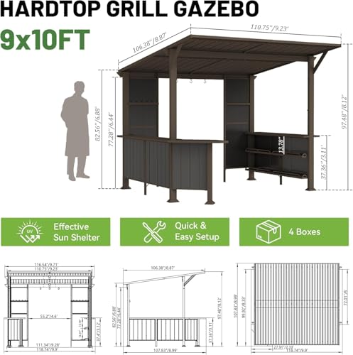 Image of 9x10FT Hardtop Grill Gazebo, Lean to Outdoor BBQ Shelter with Galvanized Steel Slanted Roof, Permanent Metal Grilling Station with Storage Shelves & Bar Platform for Patio (Brown, 9X10FT)