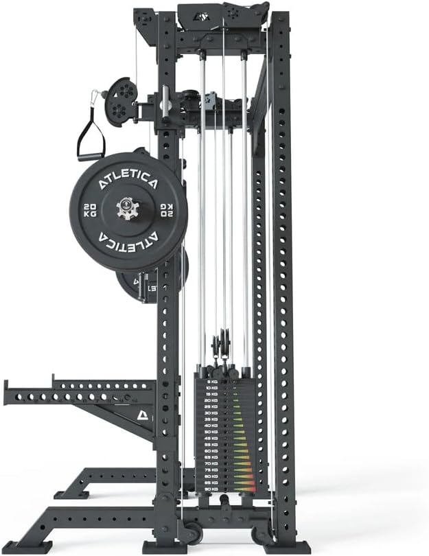 Lato view of Atletica R8-Bradley Power Rack showing weight stack and pulley system