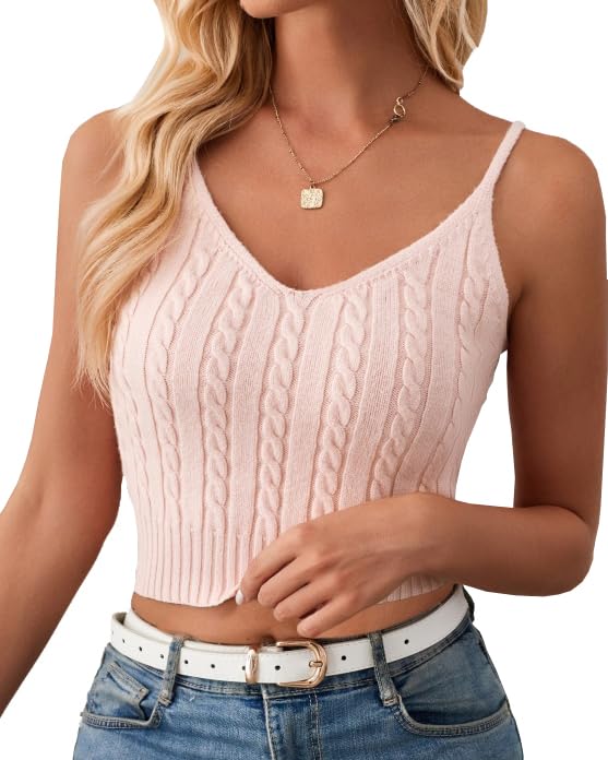 Image of CHDBLOCK Women's Knit Camisole Sweater Vest,Women's Fashion Solid Color Sweater,V-Neck Sweater Vest Sleeveless Y2K Sweater Vest(Pink-L)