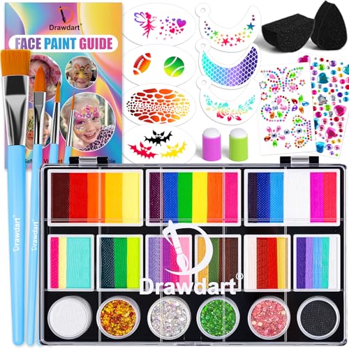 Drawdart Professional Face Painting Kit for Kids Adults, Large Split Cake Face Paint Palette with Glitters, One Stroke Non-Toxic Rainbow Face Body Makeup Kit for Festival, Party & Cosplay Makeup