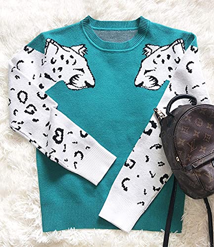 Mansy Women's Casual Long Sleeve Crew Neck Cute Animal Leopard Print Knitted Pullover Sweater Tops Blue #TOP5