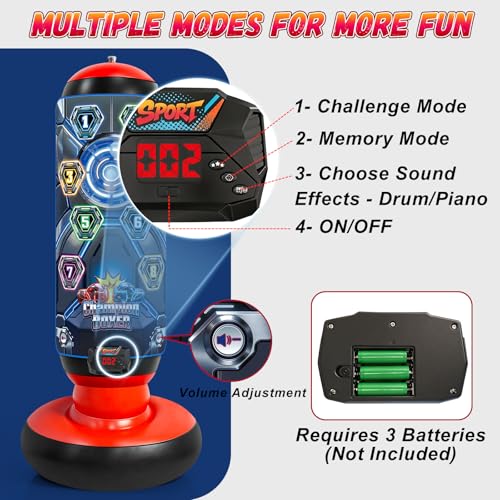 Image of Kids Punching Bag with Gloves & Pump, Inflatable Boxing Set Electronic Boxing Bag with Music & Lights, Freestanding Martial Arts Toy with 4 Smart Game Modes, Birthday Gift for Boys and Girls Ages 4-12