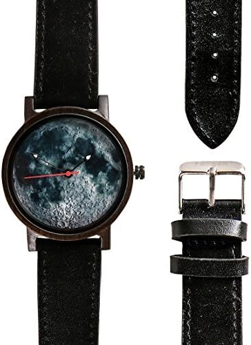 Famgem Wooden Watch for Men Women Ebony Full Moon Leather Strap Japan Movement Casual Watch