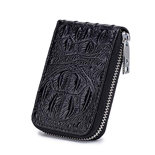 Wallets Genuine Leather For Womens Mens Crocodile Skin Embossed Coin Purse Mini Card Case Holder Zipper Pockets (Black,One Size)