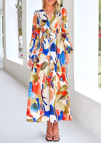 PRETTYGARDEN Women's Floral Midi Dress Casual Fall V Neck Long Sleeve Flowy Spring Beach Wedding Guest Vacation Dresses