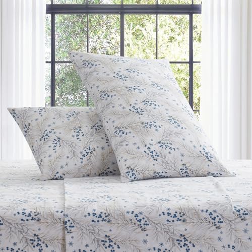 Image of Tahari Home Twin Size 3-Piece Bedding Set - 2 Sheets & 1 Matching Pillowcase | Fitted & Flat Sheets | Cozy & Warm Brushed Flannel | Soft & Breathable | Durable & Wrinkle Resistant | Pine Taupe Blue