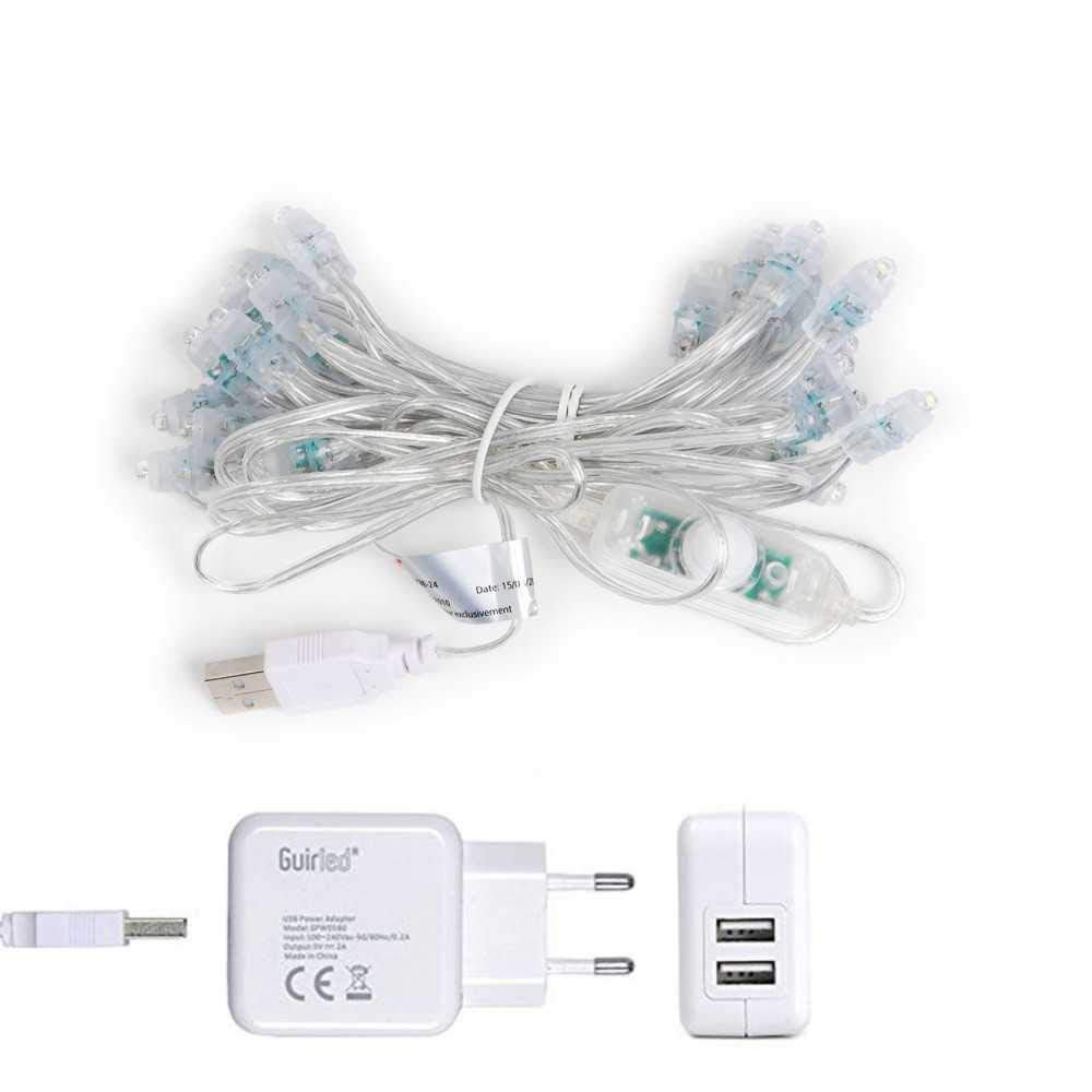 GuirLED - Łańcuch świetlny LED z bawełnianymi kulami USB – lampka nocna dla dziecka 2 h – podwójny zasilacz USB 2 A w zestawie – 3 intensywności – 32 kule 3,2 m – Flocon