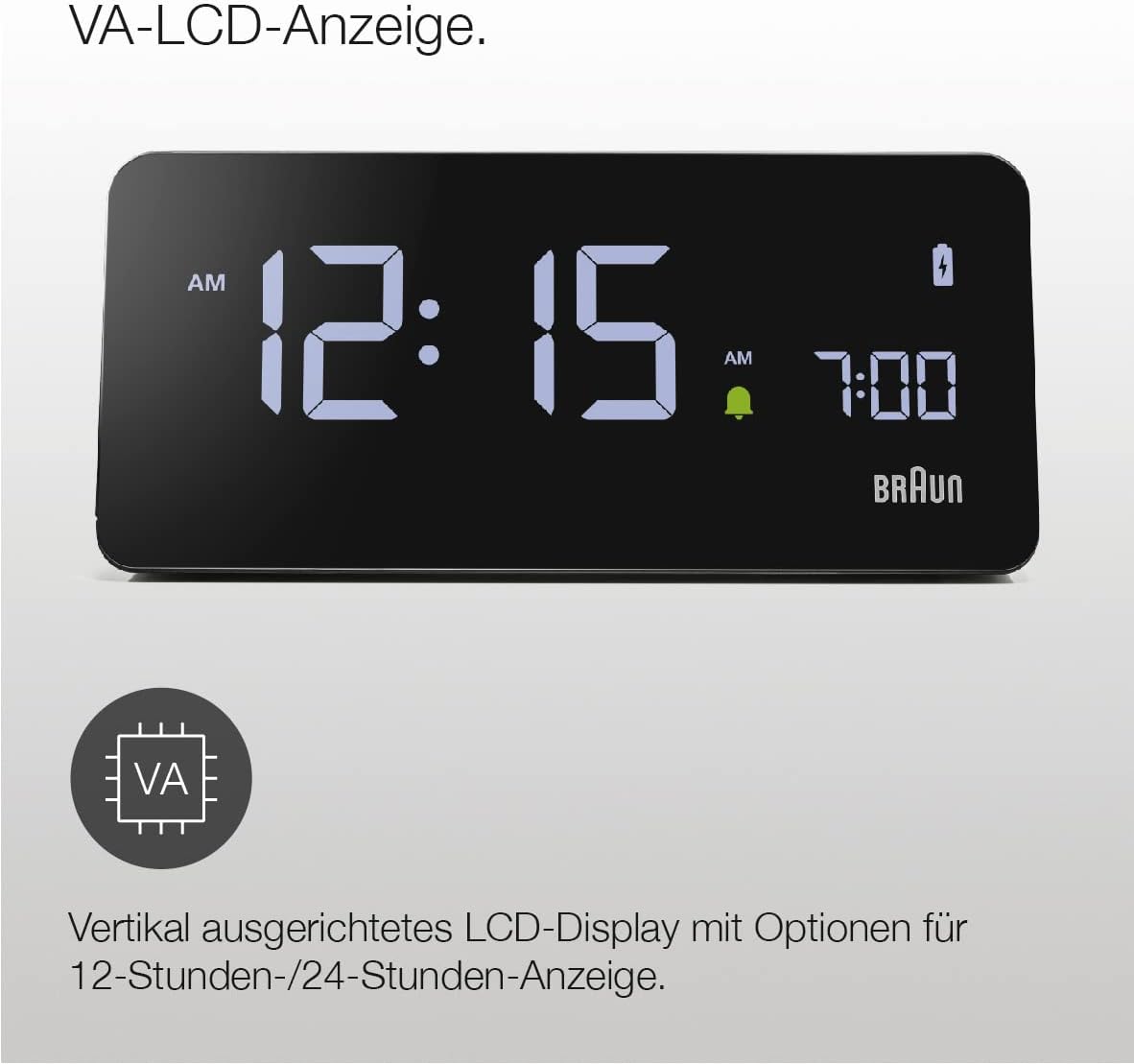 Close-up of the Braun BC21B VA LCD display showing 12:15 AM and 7:00 AM alarm, with a VA LCD icon and text 'Vertically aligned LCD display with options for 12-hour/24-hour display'.