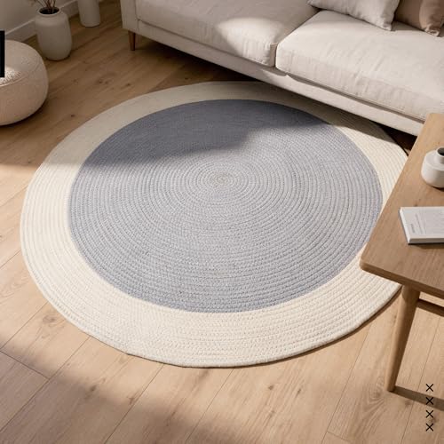 Image of Encasa XO Handmade Round Crochet Rug 2-Tone Circular Cotton Area Rug for Nursery, Bedroom & Living Room | Boho Modern Minimalist Floor Mat Natural Reversible | Grey & Off White | 120 cm | 4 Ft