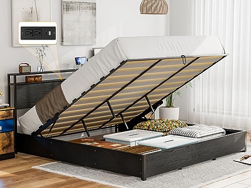 IKIFLY King Size Lift Up Storage Bed with Charging Station, Metal...
