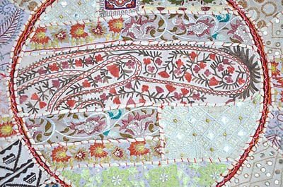 Beautifull Round Floor Pillow Cushion Bohemian Patchwork Pouf Ottoman Vintage Indian Foot Stool Bean Bag Floor Pillow Cover Home Decor, Living Room Ottoman, Bohemain Pillows 18 Inch (White)