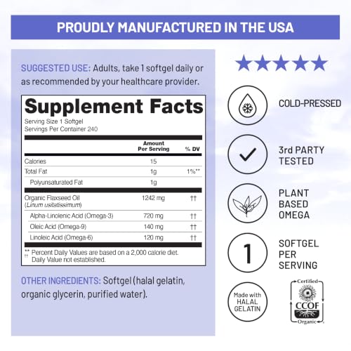 Image of NatureWise Flaxseed Oil 1200 mg, Fish Free Omega 3 6 9 with 720mg ALA - CCOF Certified Organic Flaxseed Oil - Plant-Based Omega - Cold Pressed, Non-GMO - 240 Softgels[8-Month Supply]