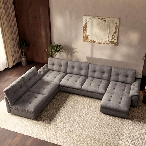 Image of Oversized Modular Sectional Sofa with Storage, Modern Deep Seat Cloud Couch for Living Room, L-Shaped Large Sectional Couch, 6 Seater with Ottoman, Gray