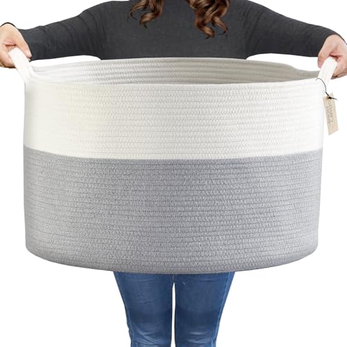 Image of COMFY-HOMI XXXL Large Laundry Basket, Cotton Rope Nursery Woven Basket for Storage, Blanket Baskets Living Room Laundry Hamper, Dog Toy Storage Organizer, Home Decor-21''x21''x13.6''-White/Grey
