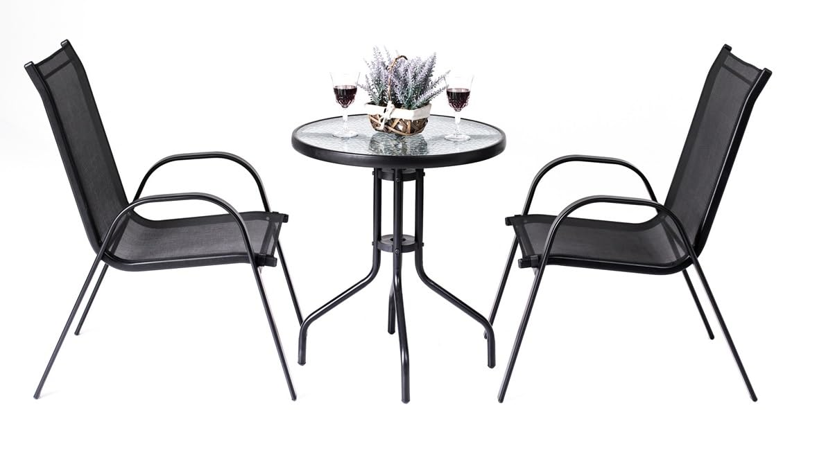 Gartentisch Glastisch Bistrotisch Balkontisch 60x60x70cm Outdoor Garten Terrasse schwarz mit gemusterter Glasplatte