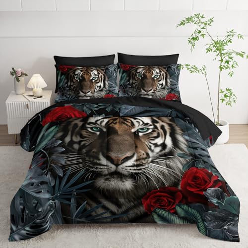 Nttopship Boys Tiger Comforter Set Bed in A Bag Queen Size 7PCS Red Rose Tiger Bedding Set,Bed Sheet Set Wild Animal Printed Room Decor for Girls Boys Kids,Microfiber Lightweight All Season