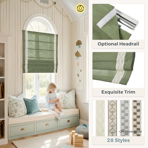 Image of TWOPAGES Liz No Drill Cordless Roman Shades Linen Textured Roman Blinds for Windows, Custom Made Room Darkening Blackout Roman Window Shades, Hardware Included, Green, 1 Piece