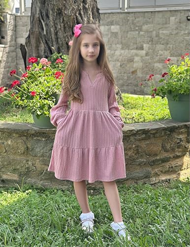 Arshiner Girls Dresses Lantern Long Sleeve Textured Casual Dress with Pockets for 5-12 Years2