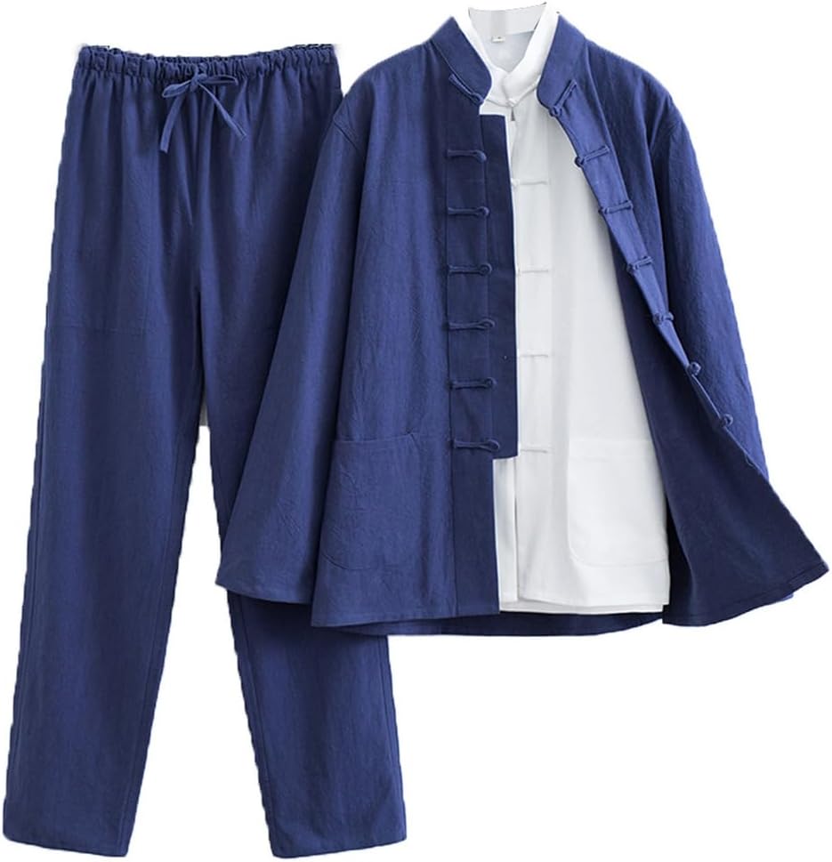 Cotton Linen Tai Chi Uniform Set of 3 Loose Kung Fu Suit Chinese Tang Suit Men Martial Art Jacket grey-5XL