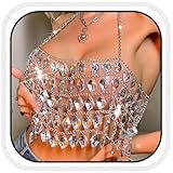 BODIY Rhinestone Body Chain Tops Crystal Halter Crop Tops Silver Bikini Chain Bra Body Accessories for Women (Silver)