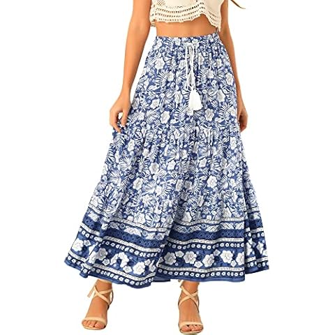 Allegra K Floral Boho Maxi Skirt Blue Cover
