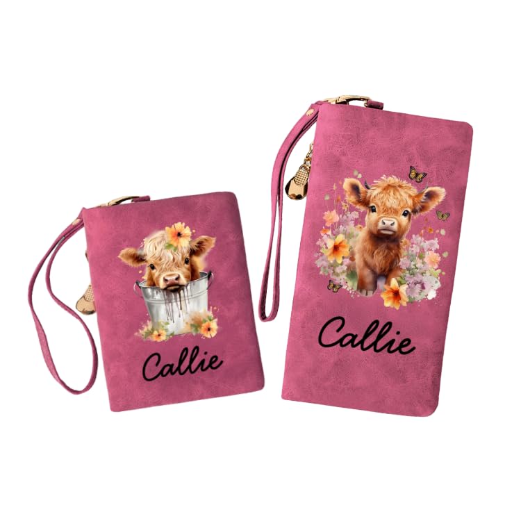 CALLIE Personalized Wristlet Wallet with Cute Highland Cow Design and Name, PU Leather Credit Card Holder Wallet for Women, Travel Christmas Birthday Gift for Family Friend