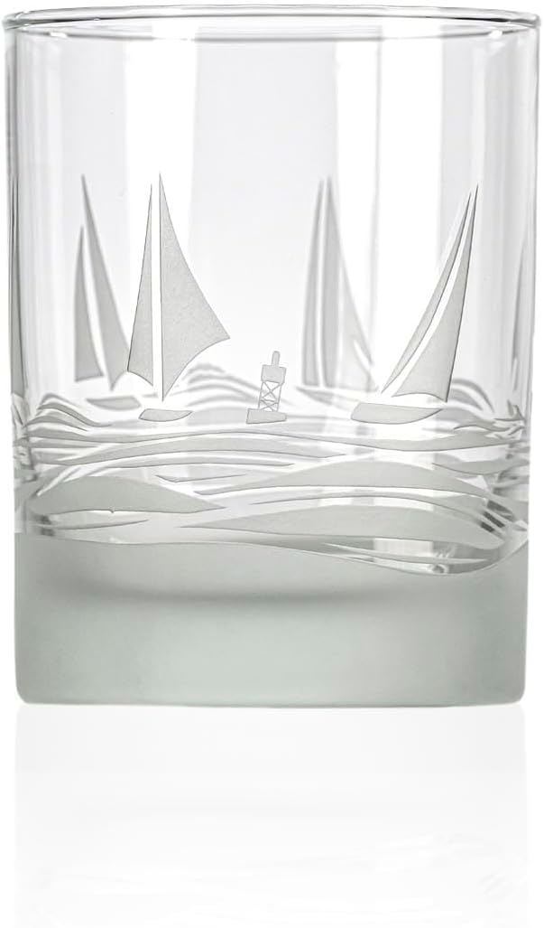 Rolf Glass Regatta 13oz Double Old Fashioned Glass | Set of 2 Whiskey Cocktail Tumblers | Engraved and Lead-Free | Made in the USA | Nautical Sailboat Design