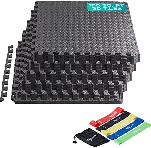 Yes4All Interlocking Exercise Mat - Black - 120sqft - 30pc + Resistance Loop Bands