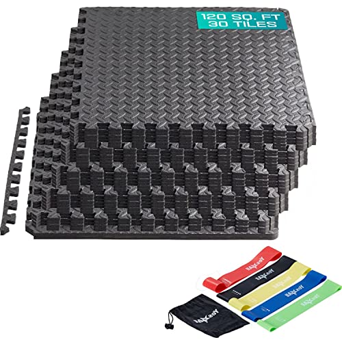 Yes4All Interlocking Exercise Mat - Black - 120Sqft - 30Pc + Resistance Loop Bands #TOP19
