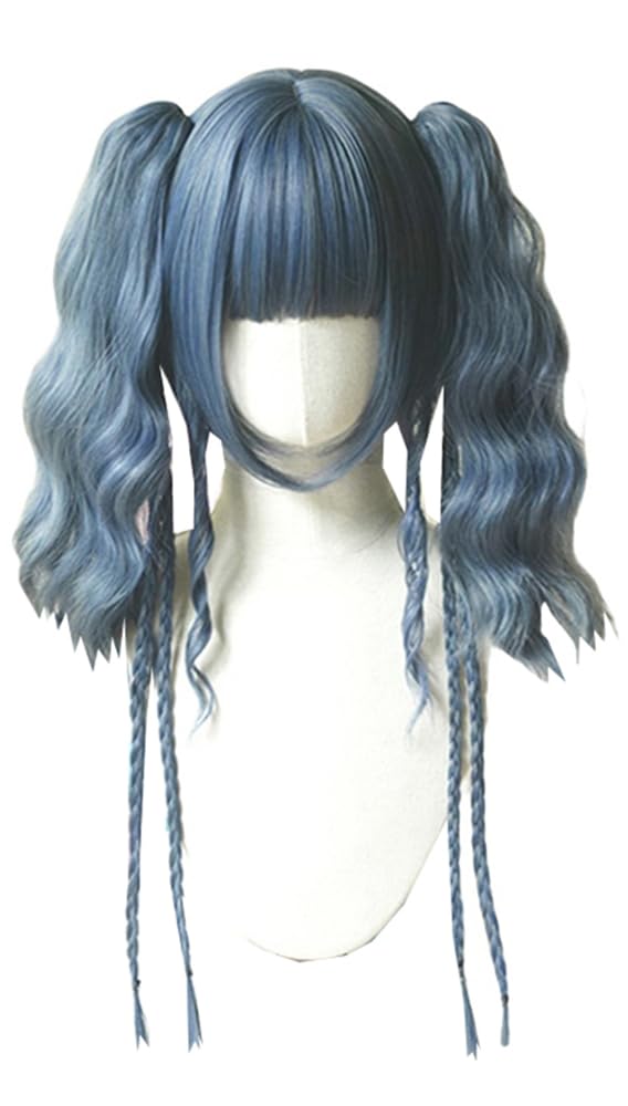 Kawaii Lolita Double Ponytails Wig with Bangs Haze Blue Short Bob Hair Clip on Pigtails Wavy Hair Synthetic Wig for Party