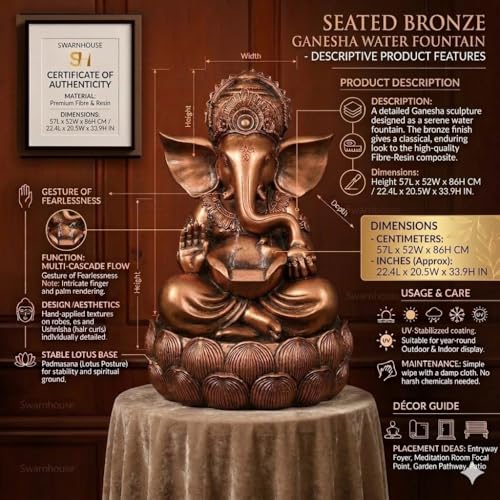 Image of Swarnhouse Lord Ganesha Decorative Water Fountain, 3 Feet Tall, Lotus Base, Indoor Outdoor Garden Decor (Article 6)