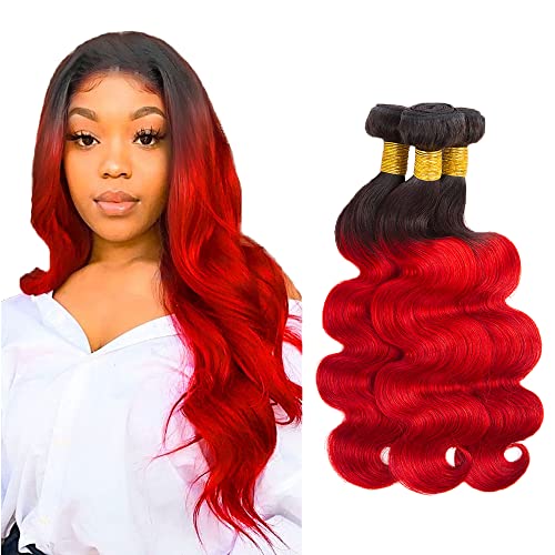Ombre Human Hair Bundles 1B/Red Bundles Human Hair 2 Tone Black and Fire Red Human Hair 3 Bundles 20 22 24 Inch Dark Roots Burgundy Body Wave Bundles Double Weft Red Human Hair Bundles